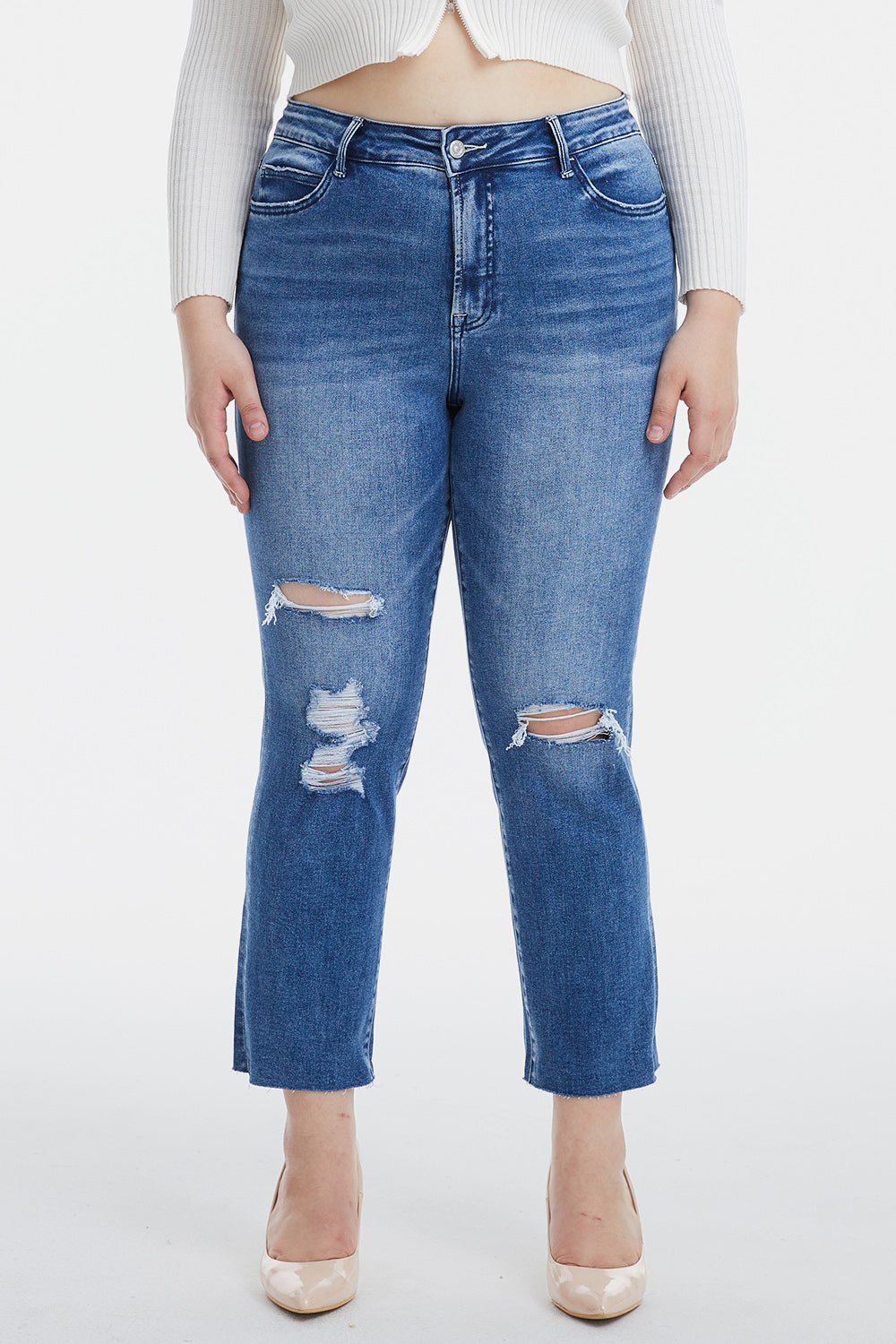 KESLEY Full Size High Waist Distressed Cat's Whiskers Straight Jeans
