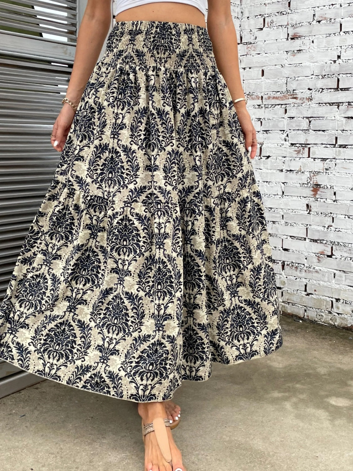 Boho Patten Skirt Women's Casual Printed Elastic Waist Maxi Skirt