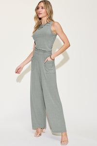 Outfit Set Ribbed Tank and Wide Leg Pants Set Petite and Plus size fashion