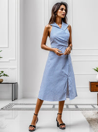Pin Stripe Dress Women's Casual and Work Fashion Collar Neck Slit Sleeveless Midi Dress KESLEY