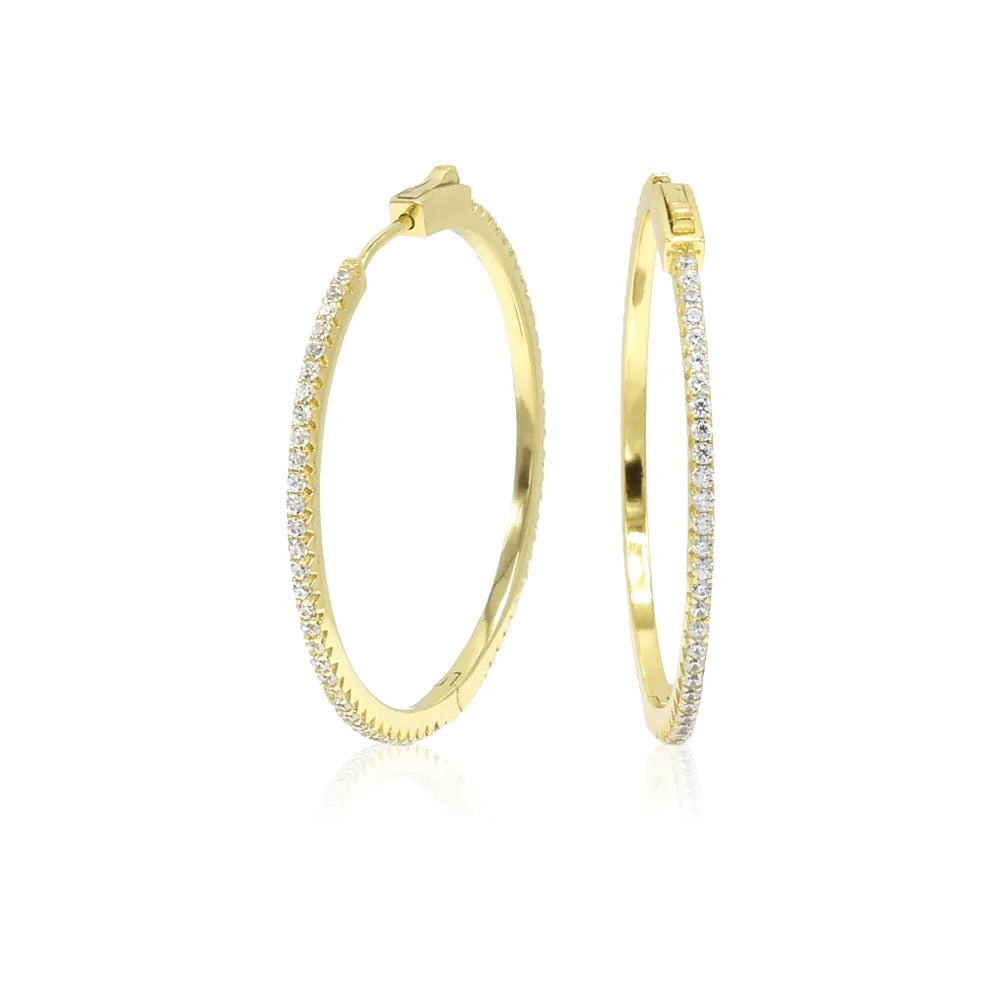 Large gold hoop earrings with diamonds zircon and secure clasp 14k gold plated sterling silver hoop earrings, light weight. Nice jewelry for gift ideas for mom and girlfriend. Everyday hoop earrings influencer style, celebrity style earrings Kesley Boutique