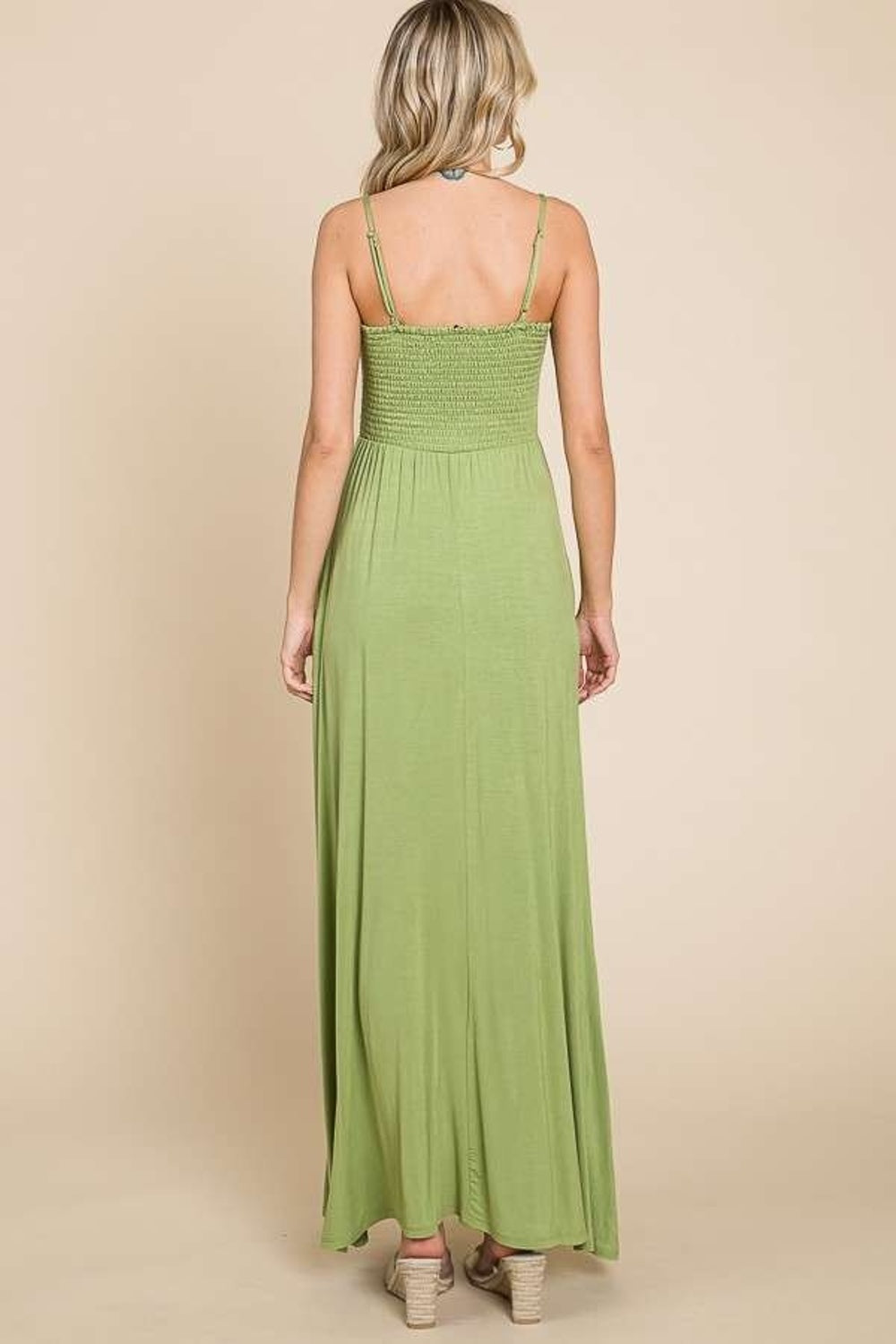 KESLEY Casual Olive Green Smocked Cami Maxi Dress with Pockets Long Summer Dresses