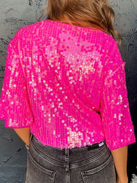 Pink Sequin Round Neck Half Sleeve Blouse Women's Short Sleeve Shiny Shirt