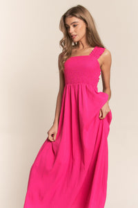 KESLEY Casual Dress Hot Pink Texture Criss Cross Back Tie Smocked Maxi Dress New Women's Fashion