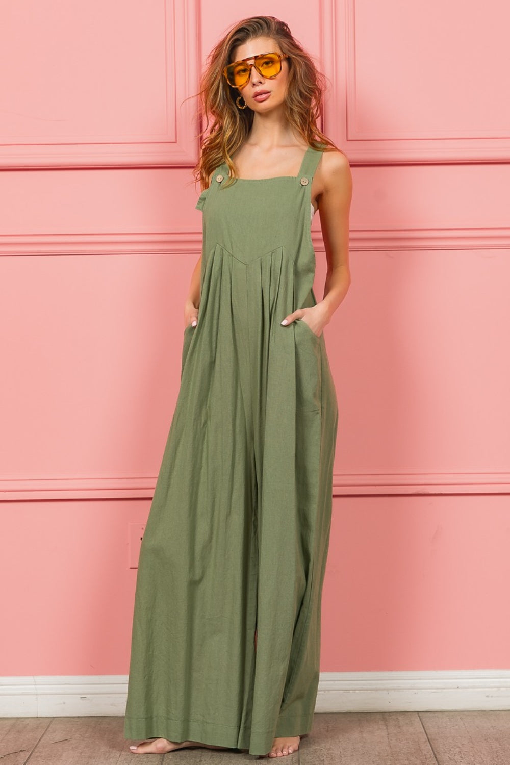 BiBi Ruched Wide Leg Overalls with Pockets