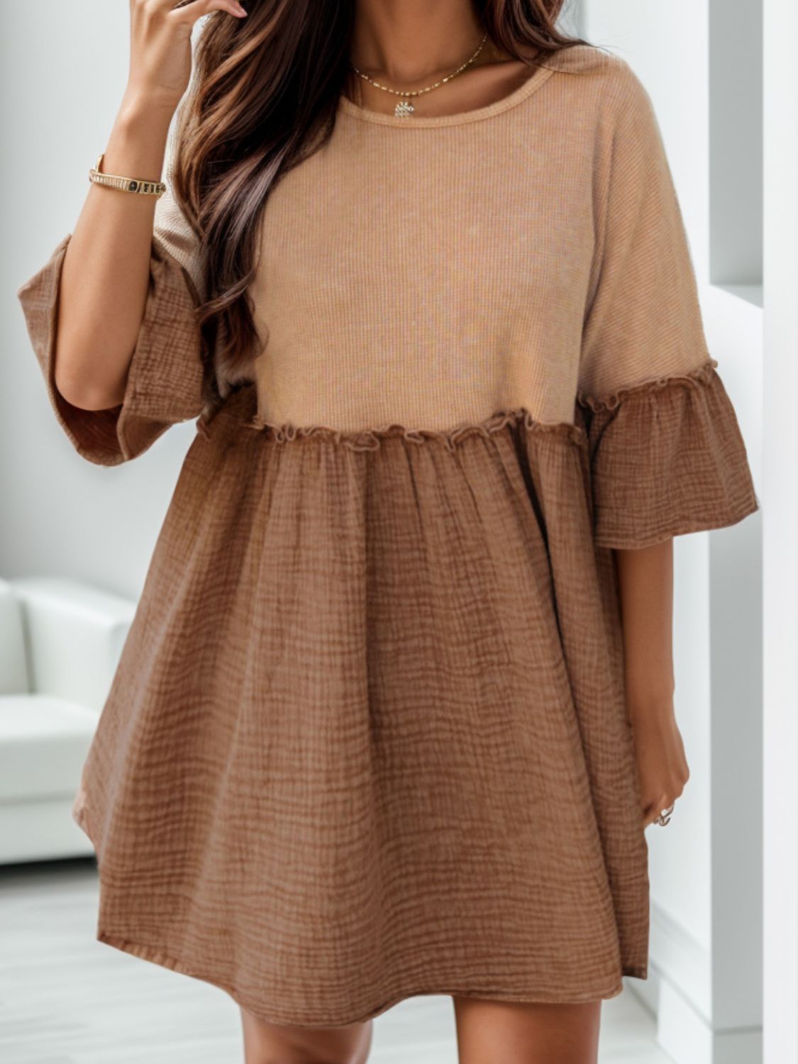 Casual Brown Color-block Women's Short Dress Frill Round Neck Half Sleeve Dress
