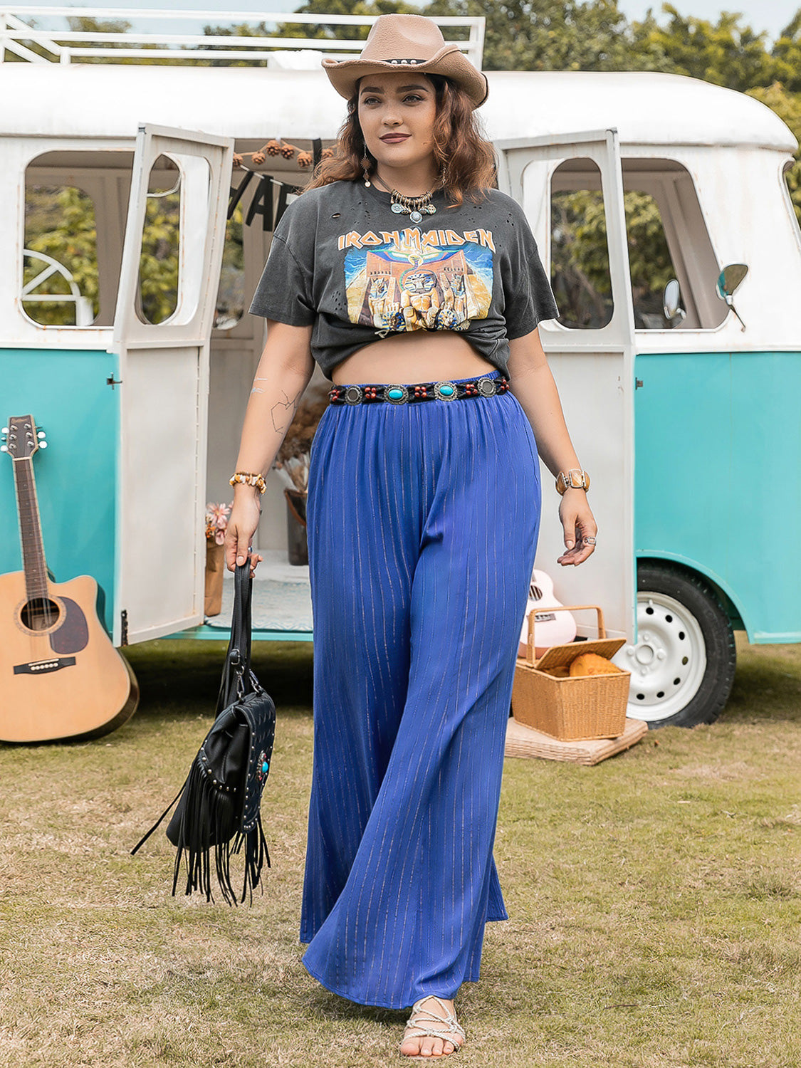 Plus Size Striped Wide-Leg Pants Royal Blue