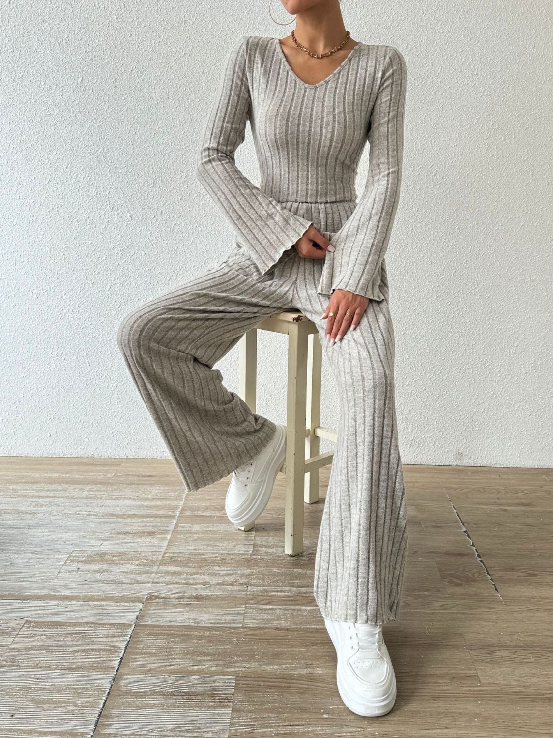 Ribbed V-Neck Long Sleeve Top and Pocketed Pants 2 Piece Set Women's Fashion