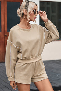 Outfit Set Casual Cropped Sweater and Shorts Two Piece Set Khaki Nude Loungewear