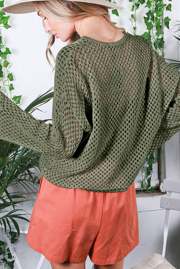 Vineyard Green Open Knit Buttoned Neck Split Sleeve Sweater