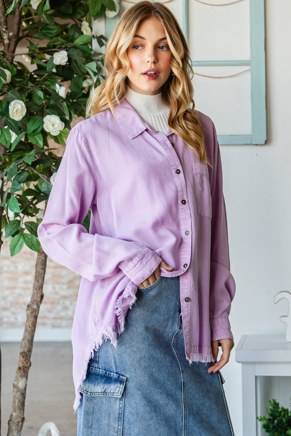 Denim Shirt Women's Fashion Lilac Raw Hem Button Up Long Sleeve Shirt