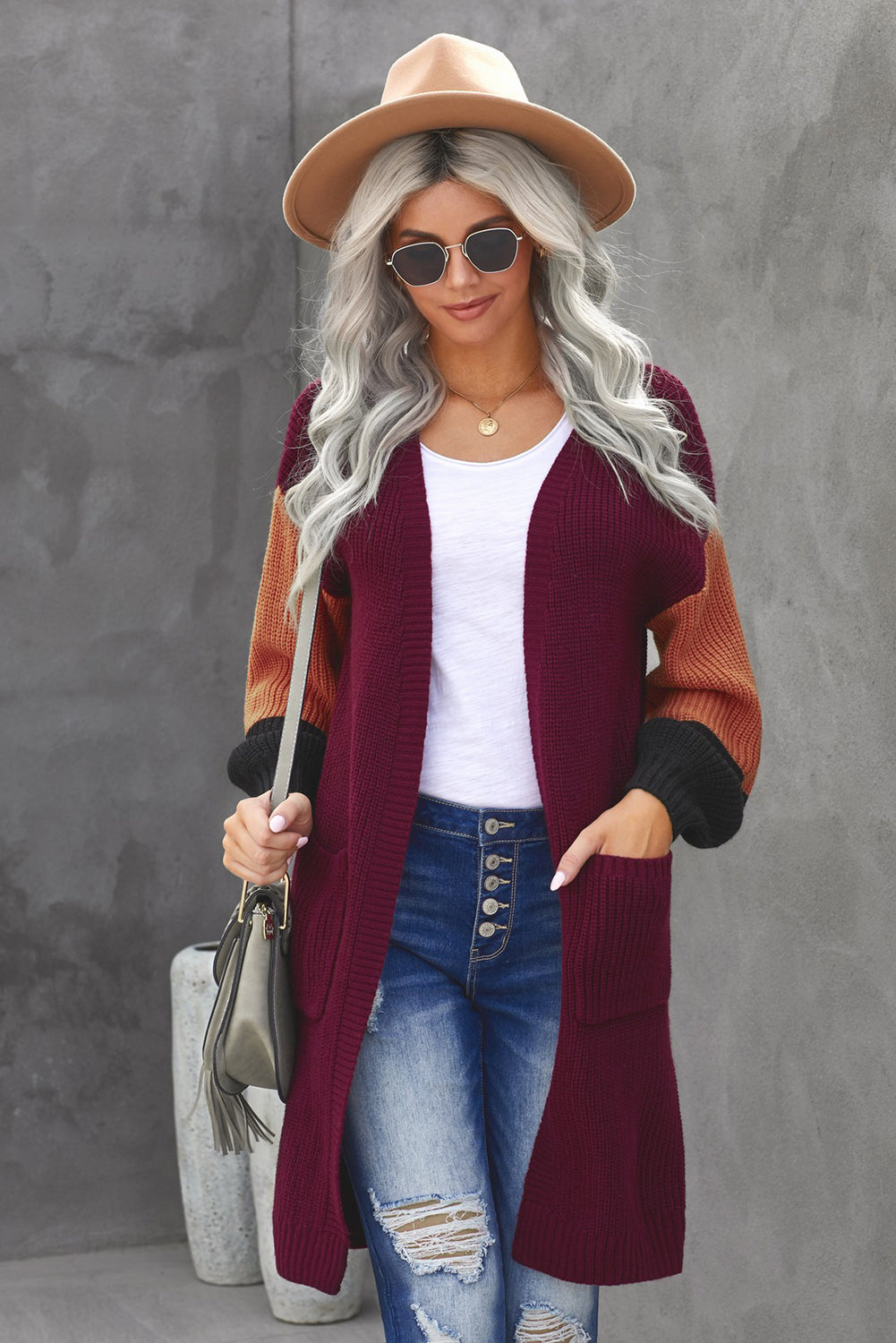 Color Block Rib-Knit Longline Cardigan with Front Pockets