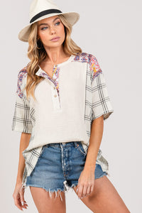 KESLEY Plaid Half Button 100% Cotton Shirt Casual Women's Top