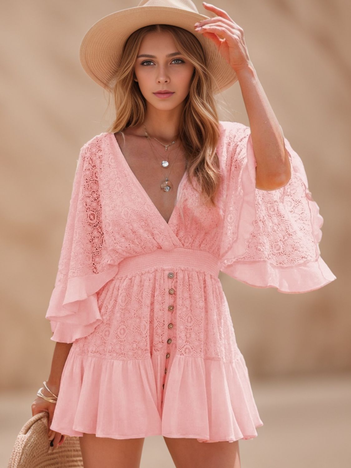 Casual Summer Dress V Neckline Lace Cutout Half Flare Sleeve Ruffle Mini Dress KESLEY