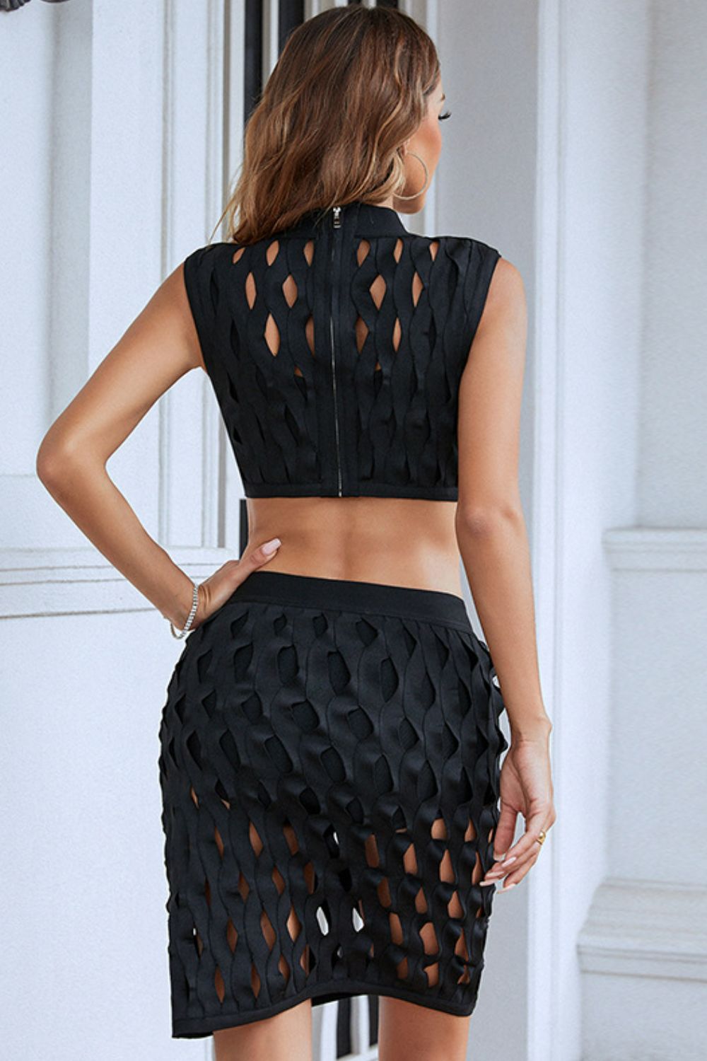 Top and Skirt Set Women's Fashion sexy lace Openwork Two Piece Fashion Outfit Set KESLEY