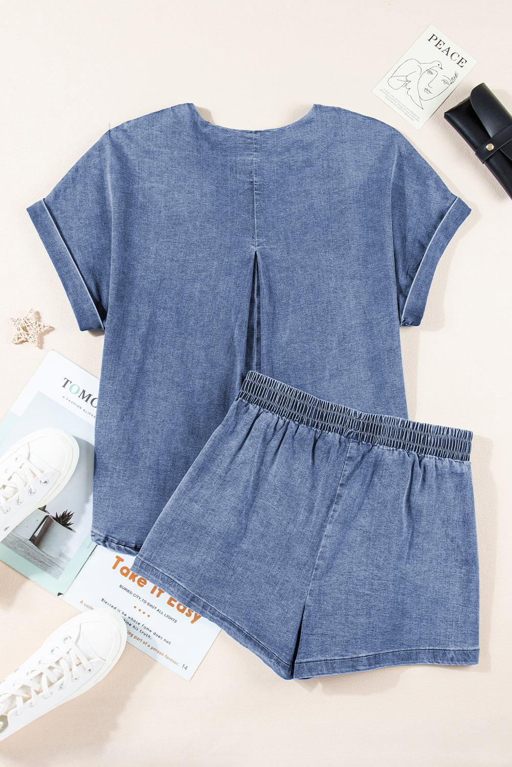 Light Blue Denim Cuffed Sleeve Tee Elastic Shorts Set