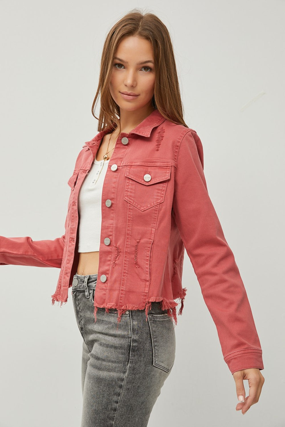 KESLEY Denim Jacket Pink Red Raw Hem Button Up Cropped Women's Jean Jacket