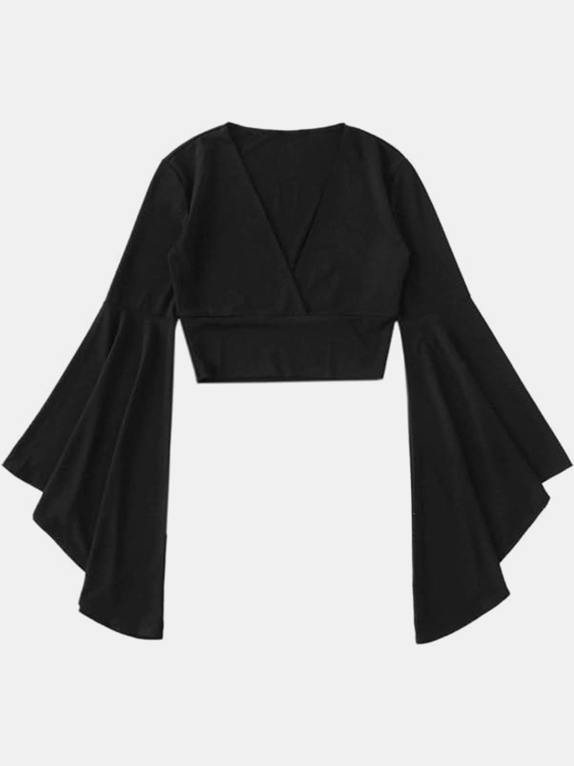 Black Long Sleeve Crop Top Women's Fashion Sexy Plunge Flare Sleeve Blouse