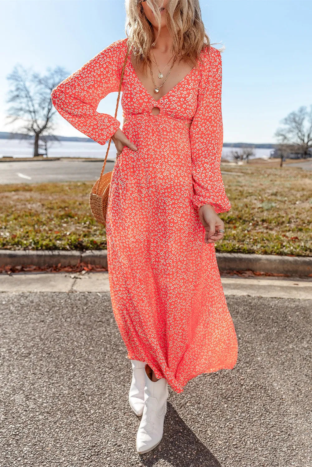 Casual Day Dress Printed V-Neck Long Sleeve Midi Dress