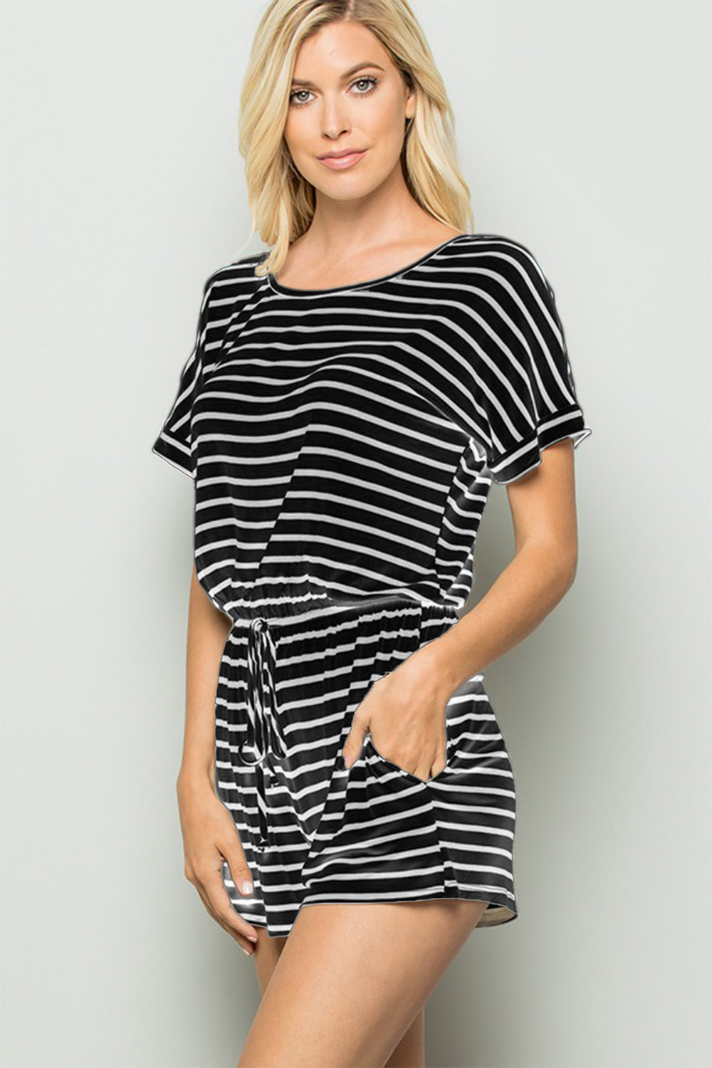 Black and White Striped Round Neck Short Sleeve Romper Petite and Plus Size Fashion