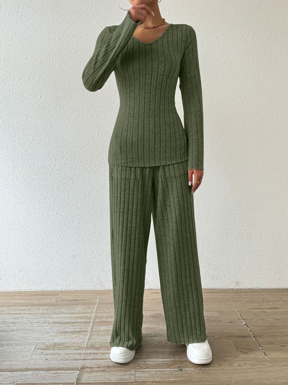 Ribbed V-Neck Long Sleeve Top and Pocketed Pants 2 Piece Set Women's Fashion