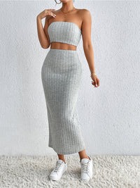 Outfit Set Casual Sexy Ribbed Tube Top & Midi Skirt 2 Piece Set