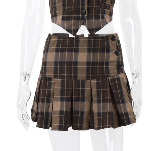 Sexy Two Piece Suit Summer Sexy Retro Plaid Vest Graceful Pleated Skirt Set