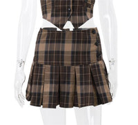 Sexy Two Piece Suit Summer Sexy Retro Plaid Vest Graceful Pleated Skirt Set