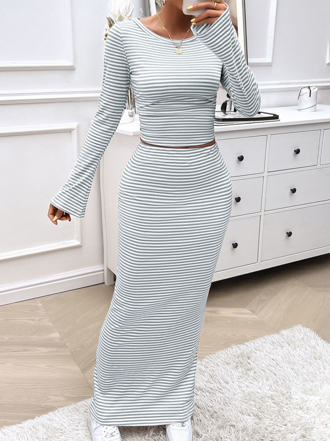Striped Boat Neck Top and Skirt Set