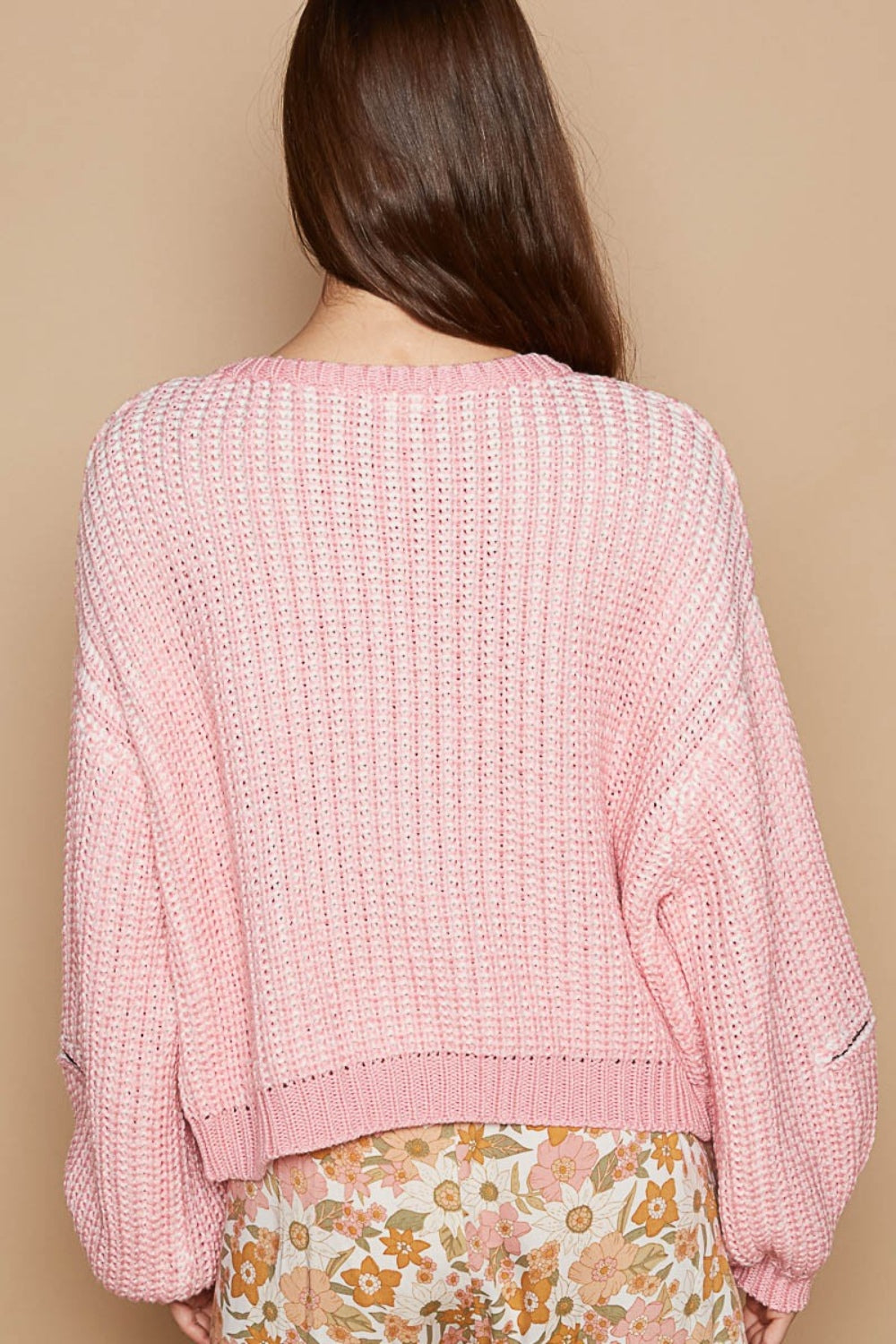 Pink Heart Round Neck Heart Patch Zipper Point Sleeve Sweater New women's Fashion