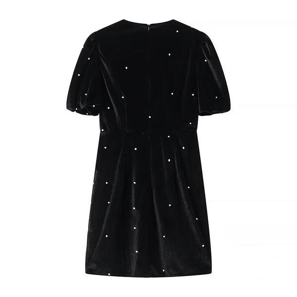 Short Sleeve Black Velvet Mini Dress