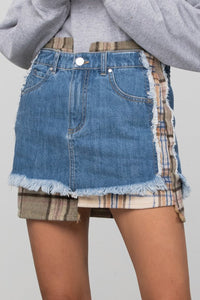 Denim Mini Skirt with Plaid Detail 100% Cotton Premium Luxury Women's Fashion