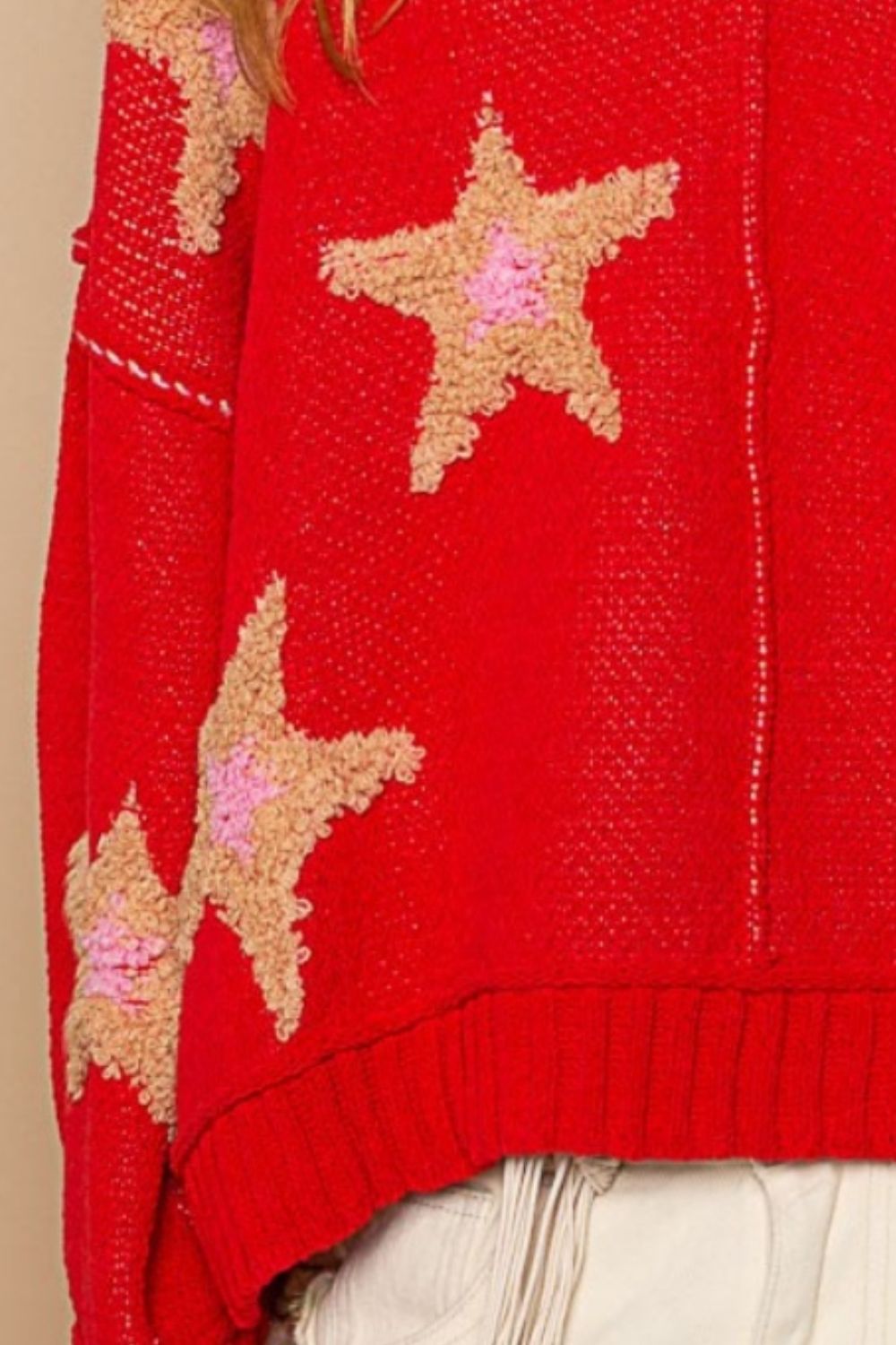 Red Sweater Stars Long Sleeve Star Patch Sweater KESLEY