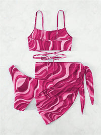 Two Piece Swimsuit Set Criss Cross Tied Printed with Cover Up Skirt Three-Piece Swim Set