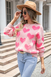 Pink Heart Print Sweatshirt Round Neck Dropped Shoulder Sweater with Heart Pattern