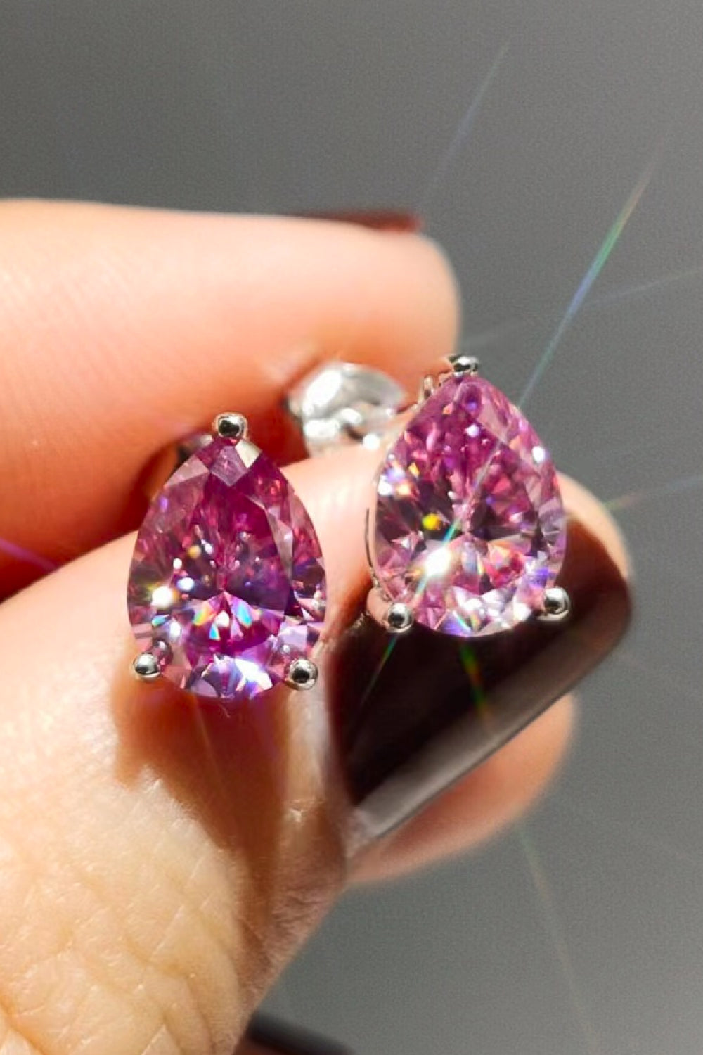 Pink Pear Shape Earrings 2 Carat Teardrop Moissanite Platinum-Plated Stud Earrings