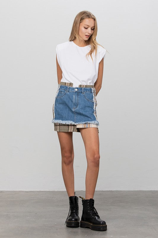Denim Mini Skirt with Plaid Detail 100% Cotton Premium Luxury Women's Fashion