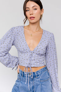 Floral Front Lace Up Crop Top Shirt Casual Corset Puff Sleeve Lace-Up V-Neck Top