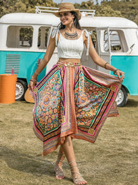 Boho Printed High Waist Midi Skirt Women's Festival Fashion Handkerchief Hem Skirt