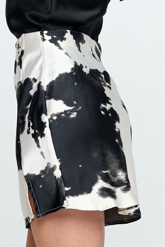 Black and White Mini Skirt with Slit New Women's Fashion Cow Print Satin Skirt KESLEY
