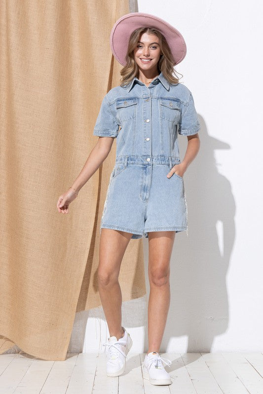 Denim Romper with Shorts Washed Denim Overall  Short Sleeve