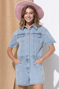 Denim Romper with Shorts Washed Denim Overall  Short Sleeve