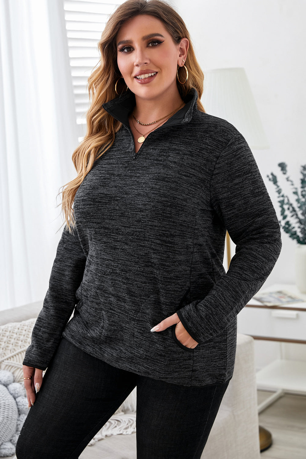 Plus Size Heathered Quarter Zip Pullover