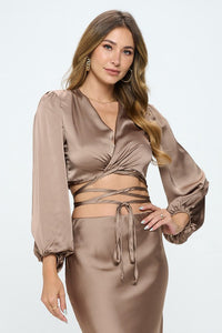 Silky Satin Wrap Crop Top with Tie