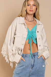 White Fringed Cropped Denim Jacket 100% Cotton Premium Luxury Jean Jackets Womens Fashion KESLEYT