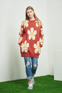 HAPPY FACE FLORAL PRINT KNIT SWEATER Smiley BAggy Sweater New Womens Fashion