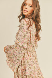 Floral Print Midi Dress Long Sleeve Flare Boho Ruffle Day Dress