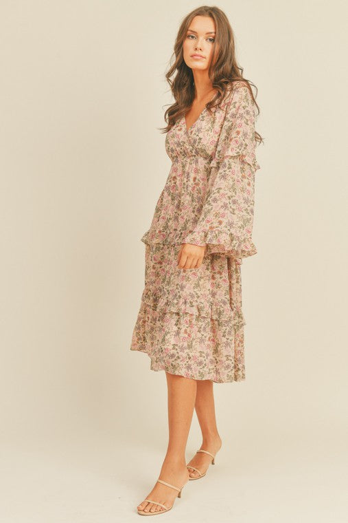 Floral Print Midi Dress Long Sleeve Flare Boho Ruffle Day Dress