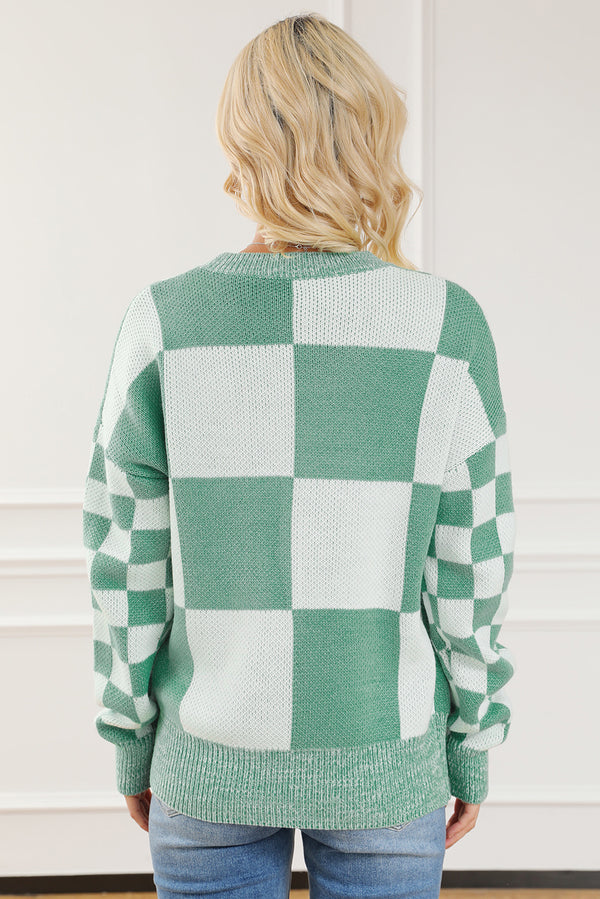 Checkered Drop Shoulder Long Sleeve Sweater New Women's Fashion Long Sleeve Knit Top , Baggy Sweaters