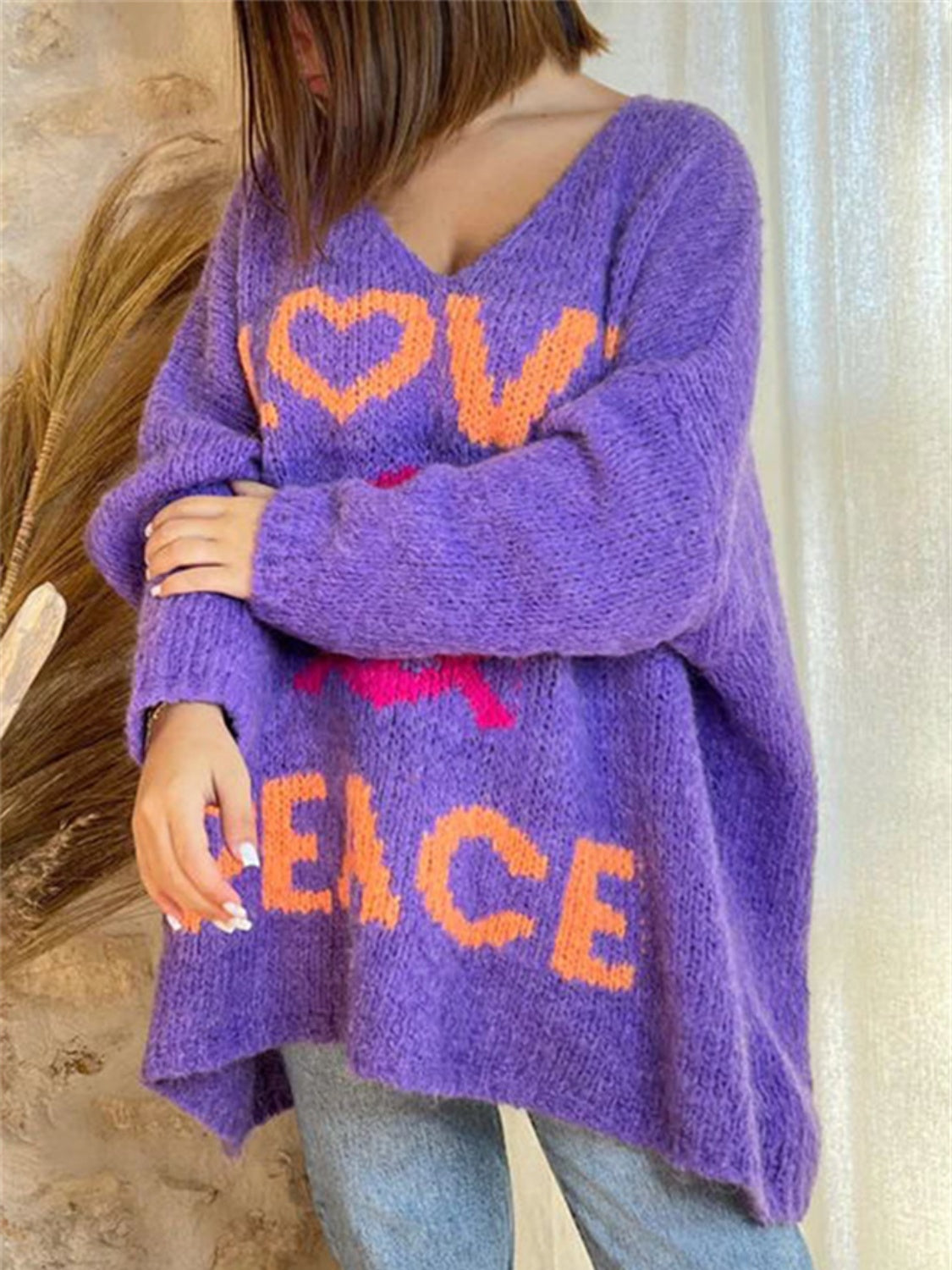 Peace Graphic V-Neck Long Sleeve Sweater